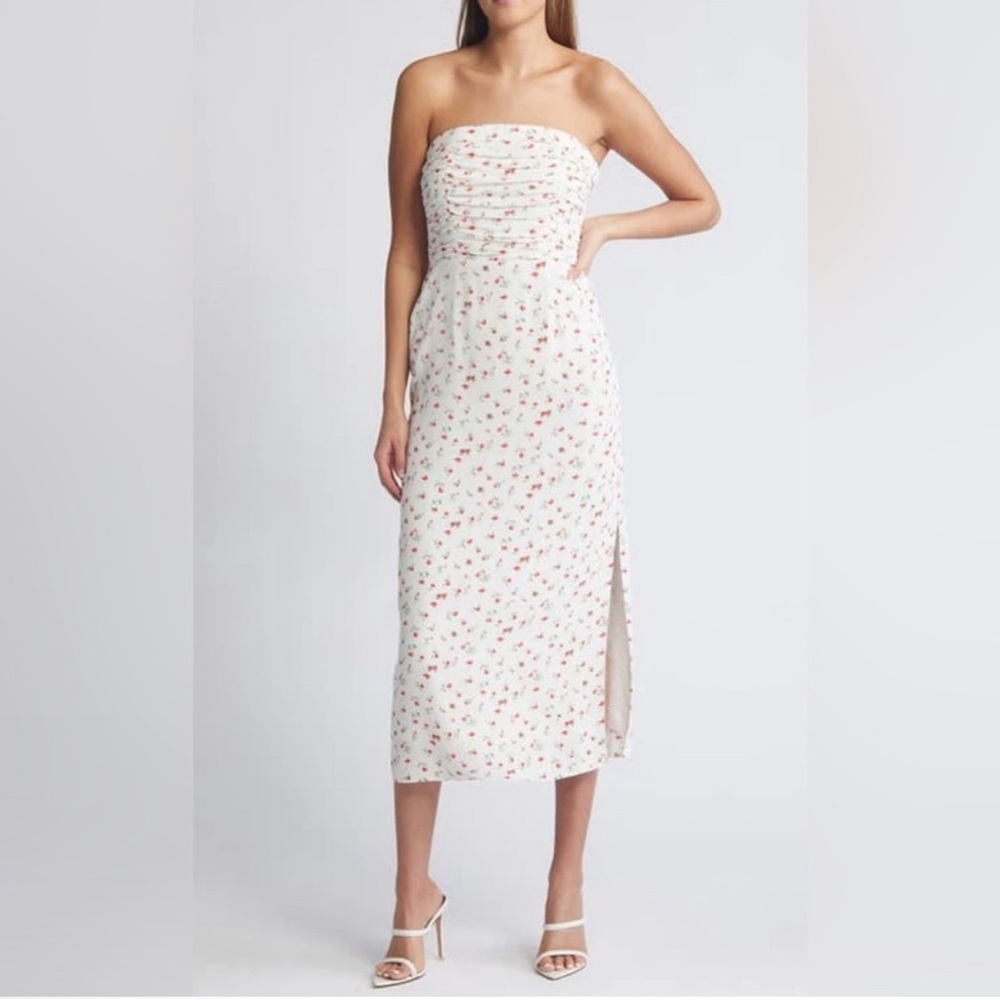 NWT WAYF Birdie Ruched Strapless Midi Dress‎ Ivory Ditsy Sz Small $99